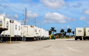 Pantropic Power CAT generators lined up on trailers in an outdoor lot.